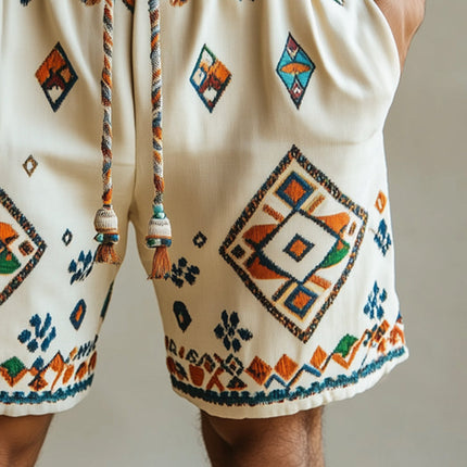 Men's Multicolor Geometric Embroidered Shorts | Cotton Blend | Adjustable Drawstring Waist | Mid-Thigh Length | Vibrant Summer Style | Breathable Fabric | Ideal for Beach and Casual Wear | Sizes S to 3XL