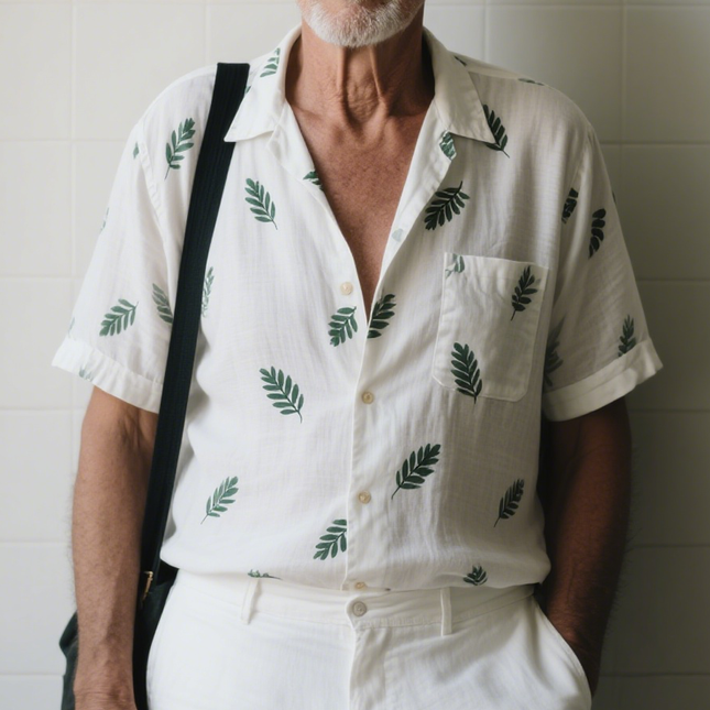 Men's Short Sleeve Lapel Shirt | Leaves Print | Casual Lightweight Breathable Fabric | Relaxed Fit | Warm Weather | Stylish Outdoor Wear
