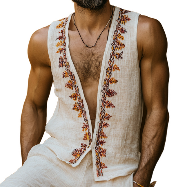 Men's Ethnic Print Sleeveless Linen Tank Top | Retro V-Neck Casual Shirt | Breathable Soft Fabric | Comfortable Fit | Summer Fashion | Versatile Vintage Style