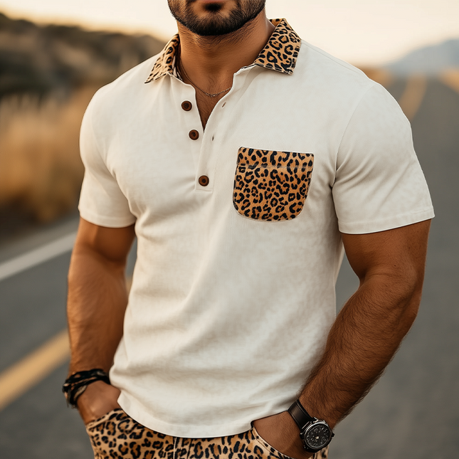 Men's Suede Stitching Polo Shirt | Retro Western Style | Leopard Print Details | Spring Summer Fashion | Casual Short Sleeve Top | Comfortable Cotton Blend | Unique Design | Bold Western Cowboy Flair