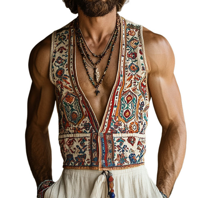Men's Vest | Retro Ethnic Style | Geometric Print | Linen | Collarless | Sleeveless | Casual Wear | Comfortable & Breathable | Lightweight | Ideal for Spring & Summer | Versatile Layering | Fashionable Outerwear