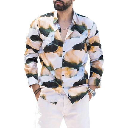 Men's Retro Colorblock Long Sleeve Shirt | Casual Cotton | Bold Print | Lapel Collar | Relaxed Fit | Button Down | Versatile Styling | Comfortable | High Quality Fabric | Perfect for Any Occasion