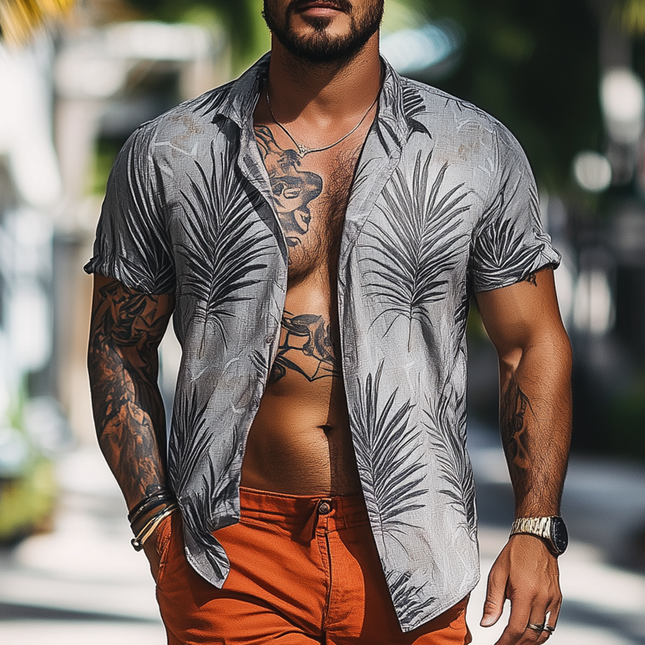 Men's Summer Casual Shirt | Short Sleeve | Coconut Leaf Lapel Detail | Tropical Style | Lightweight Fabric | Ideal for Beach & Holiday Wear | Relaxed Fit | Breathable Cotton Blend | Fashionable & Eye-Catching