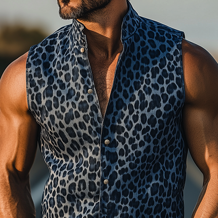 Men's Sleeveless Denim Shirt | Retro Western Style | Leopard Print Jacquard | Slim Fit | Stand Collar | Vintage Cowboy Fashion | Casual Summer Wear | Statement Piece
