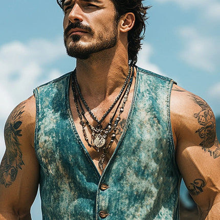 Men's Denim Vest | Vintage Distressed Western Style | V-Neck | Single Breasted | High-Quality Fabric | Classic Fashion | Versatile Outerwear