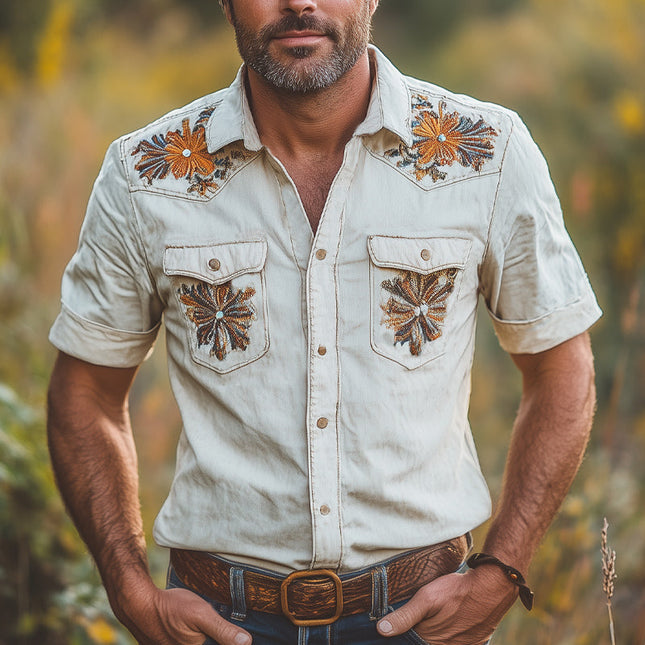 Men's Western Cowboy Shirt | Retro Embroidered Short Sleeve | Summer Casual | Cotton-Poly Blend | Classic Collar | Lightweight Comfortable Fashion | Available S-3XL