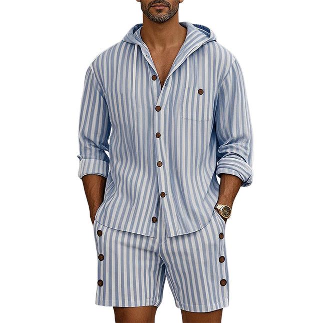 Men's Long Sleeve Striped Hoodie Set | Casual Two-Piece Outfit | Trendy Striped Print | Comfortable Activewear | Fashionable Relaxed Fit | Ideal for Various Casual Occasions | Hoodie & Shorts Combo