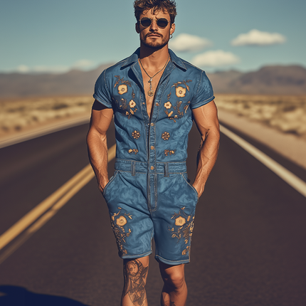 Men's Summer Jumpsuit | Retro Western Cowboy Style | Embroidered Design | Breathable Fabric | Comfortable Fit | Versatile Styling | Functional Pockets | MTA1762D6K