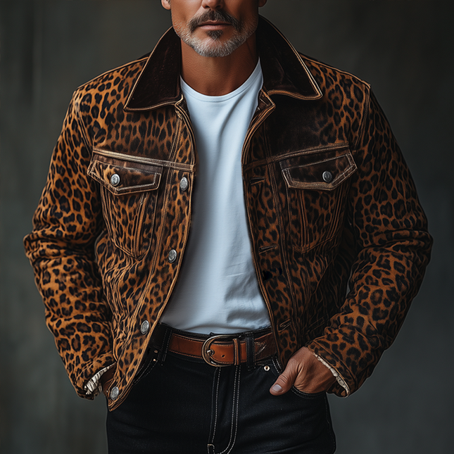 Men's Leopard Print Suede Jacket | Lapel Collar | Long Sleeve | Single Breasted | Button Closure | Chest Pocket | Water-resistant Outerwear | Casual to Semi-formal | Small to XXXL