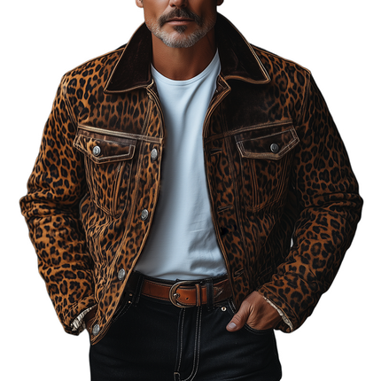 Men's Leopard Print Suede Jacket | Lapel Collar | Long Sleeve | Single Breasted | Button Closure | Chest Pocket | Water-resistant Outerwear | Casual to Semi-formal | Small to XXXL