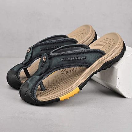 Men's Protective Toe Slip-On Flip-Flops | Vintage Leather Upper | Anti-Collision Toe Cap | Durable Rubber Outsole | Non-Slip Sole | Beach Vacation Essentials