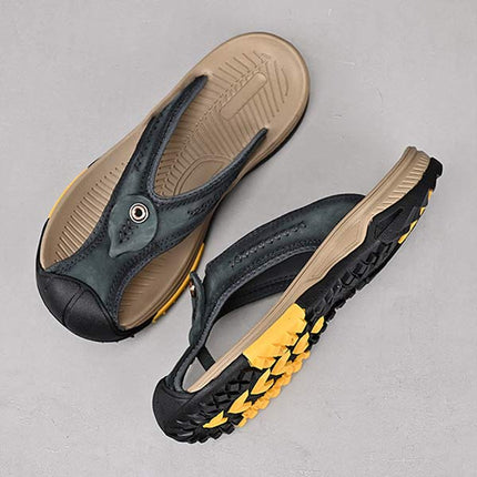 Men's Protective Toe Slip-On Flip-Flops | Vintage Leather Upper | Anti-Collision Toe Cap | Durable Rubber Outsole | Non-Slip Sole | Beach Vacation Essentials