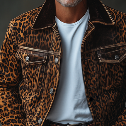 Men's Leopard Print Suede Jacket | Lapel Collar | Long Sleeve | Single Breasted | Button Closure | Chest Pocket | Water-resistant Outerwear | Casual to Semi-formal | Small to XXXL