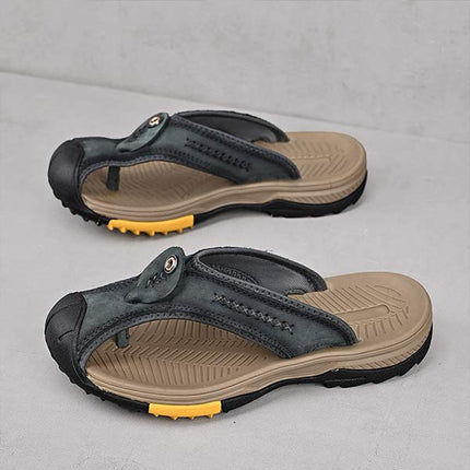 Men's Protective Toe Slip-On Flip-Flops | Vintage Leather Upper | Anti-Collision Toe Cap | Durable Rubber Outsole | Non-Slip Sole | Beach Vacation Essentials