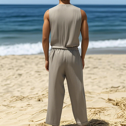 Men's Cotton Linen Jumpsuit | Summer Casual Hawaiian Style | Beach Vacation Outfit | Pocket Design | Lightweight | Breathable | Relaxed Fit | Ideal for Casual Gatherings