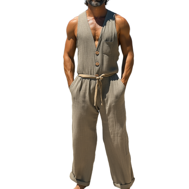 Men's Cotton Linen Jumpsuit | Summer Casual Hawaiian Style | Beach Vacation Outfit | Pocket Design | Lightweight | Breathable | Relaxed Fit | Ideal for Casual Gatherings
