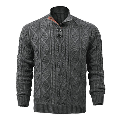 Men's Cable Knit Sweater | Vintage Style | Stand Collar | Full-Length Sleeves | Cozy Knit Fabric | Versatile Layering | Classic Colors | Charcoal Grey | Navy Blue | Beige | Warmth and Comfort
