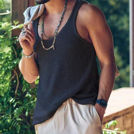 Men's Casual Knitted Tank Top | Solid Color | Sleeveless | Round Neck | Breathable Polyester | Comfortable Loose Fit | Daily Wear | Travel | Beach | Spring Summer