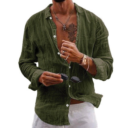 Men's Breathable Long Sleeve Shirt | Cotton Linen Blend | Solid Color | Lapel Collar | Casual Comfort | Easy Care | Versatile Style
