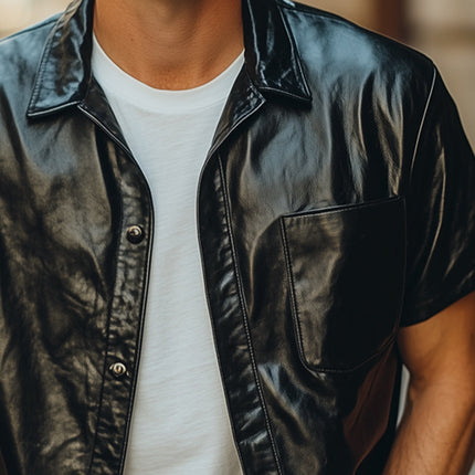 Men's Black Summer Leather Shirt | Short Sleeve | Loose Fit | Fashion Forward | Point Collar | Breathable PU Leather | Casual & Semi-Formal | Comfortable & Modern | Versatile | Sizes S-3XL