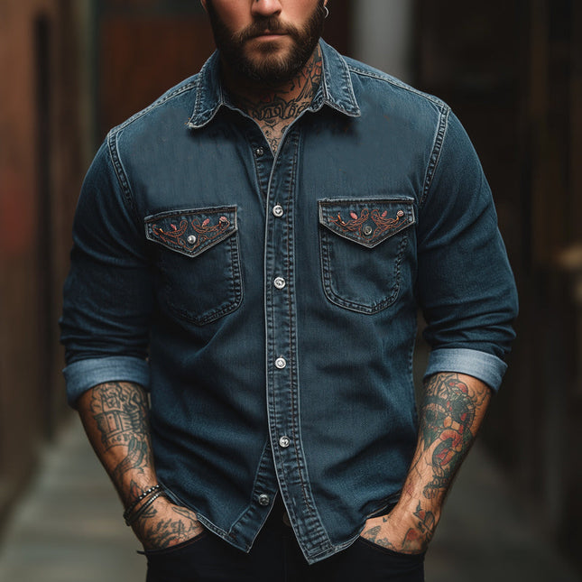 Men's Vintage Blue Embroidered Long Sleeve Denim Shirt | Washed Retro Style | Durable Comfortable Fabric | Turn-Down Collar | Button-Down Closure | Stylish Casual Attire | Chest Pockets | Classic Tailored Fit