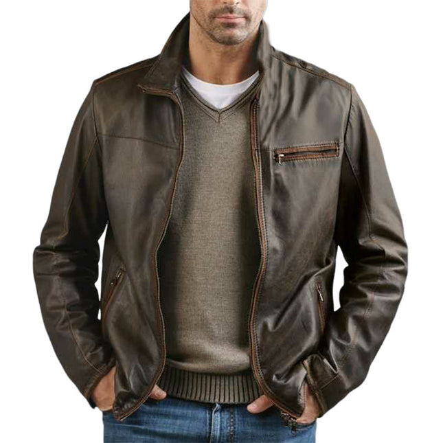 Men's Vintage Leather Jacket | High-Quality PU Leather | Asymmetrical Zipper | Slim Fit | Stand-Up Collar | Distressed Detailing | Multiple Zippered Pockets | Timeless Sophistication | Casual & Evening Wear