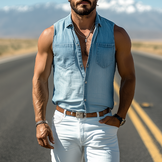 Men's Sleeveless Shirt | Washed Tencel Denim | Western Cowboy Style | Fashionable Casual Wear | Spring & Summer Fashion | Breathable & Lightweight | Button-Down | Vintage Look | Ideal for Hot Climates