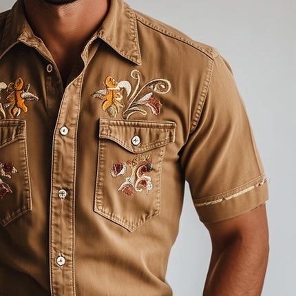 Men's Western Cowboy Shirt | Vintage Embroidered Denim | Short Sleeve | Rustic Casual Shirt | Iconic Western Themes | Durable Comfort | Lapel Collar | Versatile Styles | Sizes S to 3XL