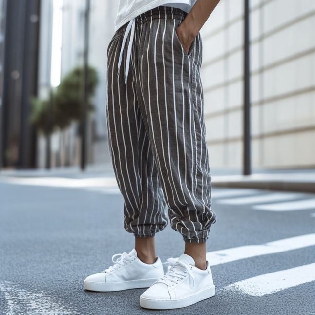 Men's Casual Striped Cotton Linen Pants | Breathable Elastic Waist | Loose Fit Cuffed Trousers | Comfortable Everyday Wear