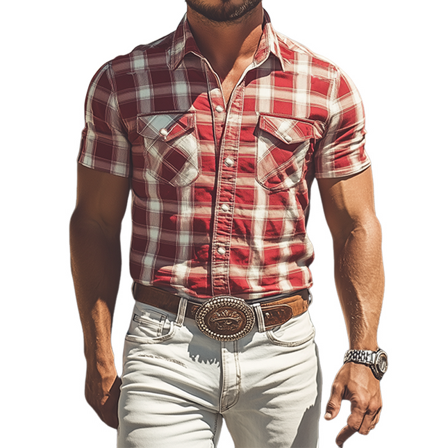 Men's Plaid Cotton Linen Short Sleeve Shirt | Retro Western Cowboy Style | Summer Fashion Casual | Breathable Fabric