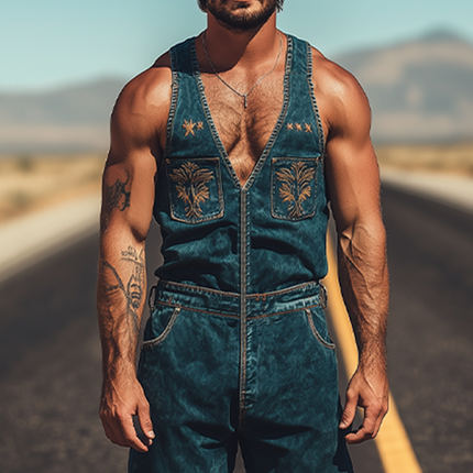 Men's Retro Western Cowboy Denim Jumpsuit | Summer Fashion | Embroidered Design | High-Quality Lightweight Fabric | Snap Buttons | Practical Pockets | Classic Style | All-Day Comfort