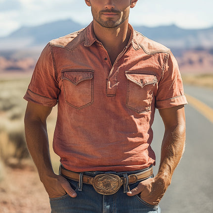 Men's Pullover Denim Shirt | Western Cowboy Style | Long Sleeve | Traditional Collar | Snap-Button Closure | Chest Pockets | 100% Cotton | Casual & Country Wear | Classic Rustic Fashion