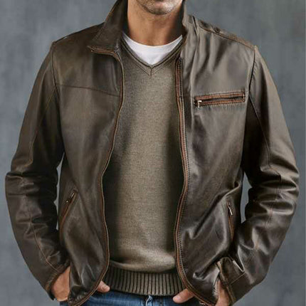 Men's Vintage Leather Jacket | High-Quality PU Leather | Asymmetrical Zipper | Slim Fit | Stand-Up Collar | Distressed Detailing | Multiple Zippered Pockets | Timeless Sophistication | Casual & Evening Wear