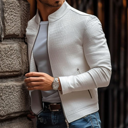 Men's Slim Fit Leather Jacket | Stone Pattern | Stand Collar | Zipper Closure | Fashion Outerwear | Premium Leather | Versatile Style | Distinctive Design | Multiple Pockets