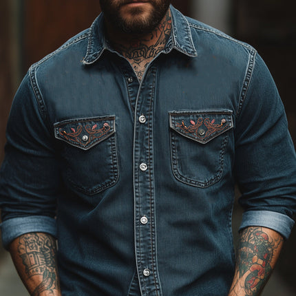 Men's Vintage Blue Embroidered Long Sleeve Denim Shirt | Washed Retro Style | Durable Comfortable Fabric | Turn-Down Collar | Button-Down Closure | Stylish Casual Attire | Chest Pockets | Classic Tailored Fit