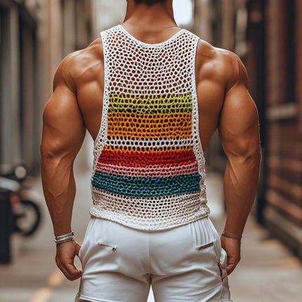 Men's Striped Crochet Tank Top | Round Neck | Casual Sleeveless Shirt | Lightweight Breathable Fabric | Unique Crochet Design | Vibrant Color Pattern | Trendy Summer Wear | Multiple Sizes Available