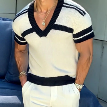 Men's Striped Jacquard V-Neck Slim Fit Short Sleeve Knitted Sweater | Casual Breathable Top | Versatile Fashion Layer | Soft Durable Fabric | Modern Outfit | Classic Design | Sizes Available