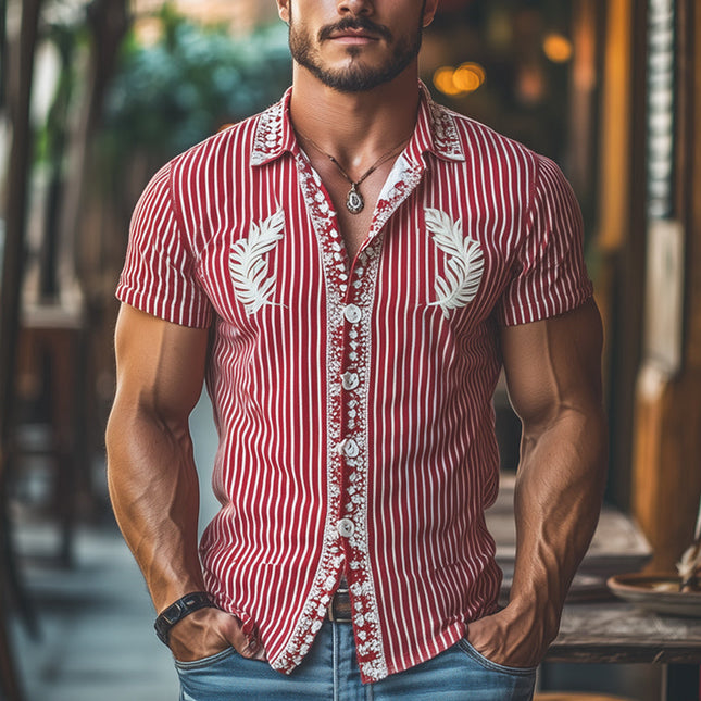 Men's Summer Striped Shirt | Exquisite Embroidery | Short Sleeve | Casual Lapel Collar | Breathable Cotton Blend | Ideal for Warm Weather | Versatile Style | Sizes S-3XL | Classic Pattern | Elegant Casual Shirt