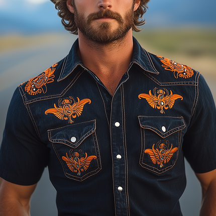 Men's Denim Shirt | Retro Western Cowboy Style | Slim Fit | Short Sleeve | Washed Denim | Embroidery Details | Metal Button Closure | Spring and Summer Fashion | Casual Versatile Shirt