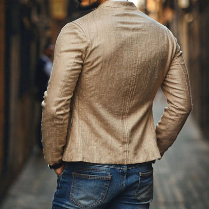 Men's Slim Fit Linen Jacket | Embroidered Stand Collar | Casual & Formal Outerwear | Stylish Single Breasted Blazer | Breathable Summer Coat | Fashionable Tailored Design | Versatile Wardrobe Essential