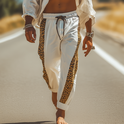 Men's Cotton Blend Leopard Print Pants | Elastic Waist | Spring Summer Fashion | Casual Relaxed Fit