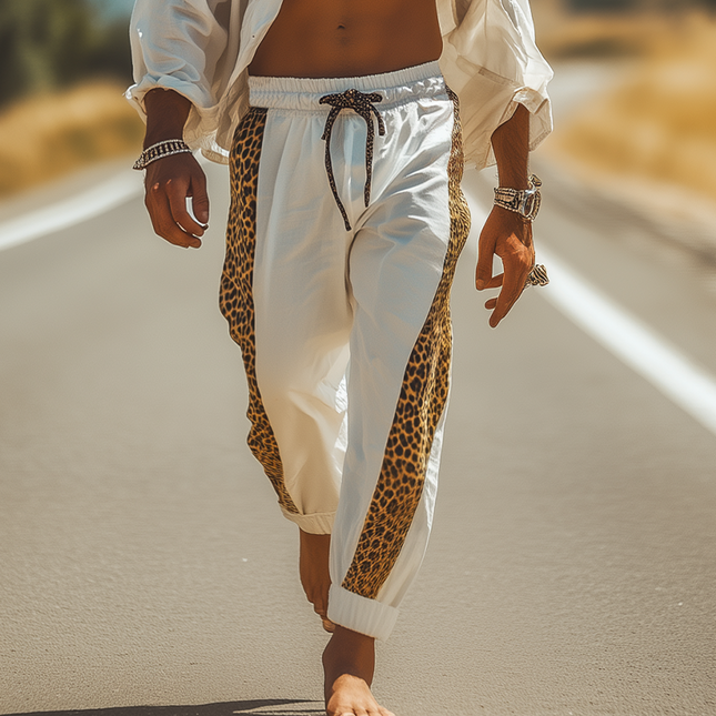 Men's Cotton Blend Leopard Print Pants | Elastic Waist | Spring Summer Fashion | Casual Relaxed Fit