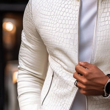 Men's Slim Fit Leather Jacket | Stone Pattern | Stand Collar | Zipper Closure | Fashion Outerwear | Premium Leather | Versatile Style | Distinctive Design | Multiple Pockets