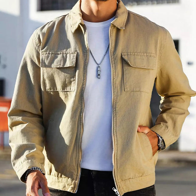 Men's Vintage Khaki Jacket | Solid Color | Zip-Up Front | Lapel Collar | Cotton Blend | Long Sleeve | Buttoned Cuffs | Multiple Pockets | Versatile Outerwear | Durable & Comfortable | Classic Style