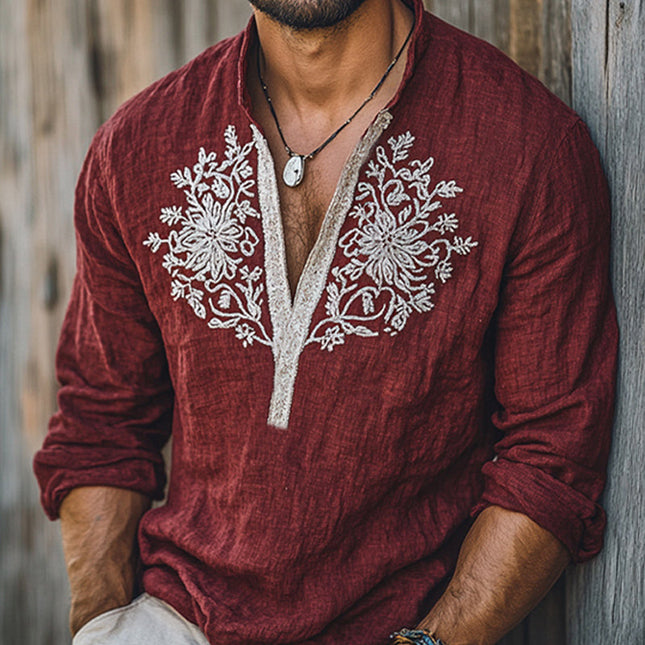 Men's Vintage Dark Red T-Shirt | Deep V-Neck | Long Sleeve | Intricate Embroidery | High-Quality Cotton Blend | Stylish Casual or Sophisticated Wear | Available in Sizes S to 3XL