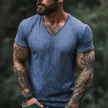 Men's Vintage Style Printed V-Neck Short Sleeve Cotton Blend T-Shirt | Retro Casual Fit | Lightweight & Breathable | Versatile Wardrobe Essential