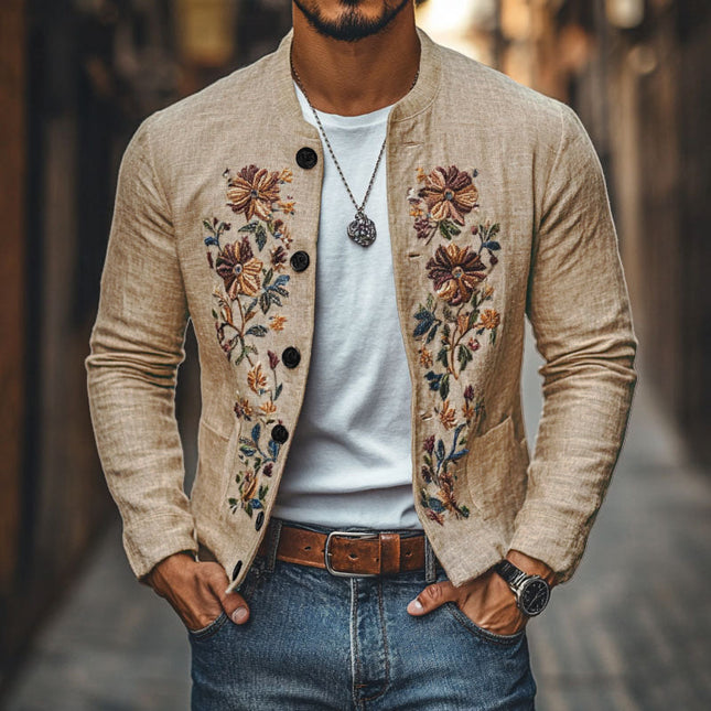 Men's Slim Fit Linen Jacket | Embroidered Stand Collar | Casual & Formal Outerwear | Stylish Single Breasted Blazer | Breathable Summer Coat | Fashionable Tailored Design | Versatile Wardrobe Essential