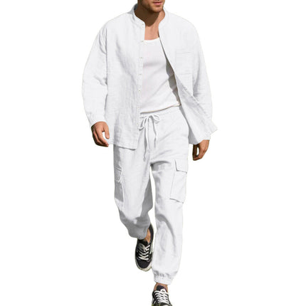Men's Cotton Linen Long-Sleeve Shirt Trousers Set | Casual Breathable Outfit | Neutral Tone Options | Comfortable Fit for Everyday Wear