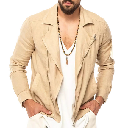 Men's Vintage Apricot Jacket | Cotton Linen Blend | Notched Lapel | Long Sleeve | Modern Fit | Casual to Semi-Formal | Lightweight Durable Fabric | Zipper Closure | Functional Pockets | Timeless Style