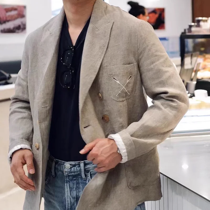 Men's Cotton Linen Blazer | Peak Lapel | Double Breasted | Tailored Fit | Casual Smart-Casual Outerwear | Lightweight Breathable Fabric | Versatile Stylish Jacket | Ideal for Semi-Formal Events